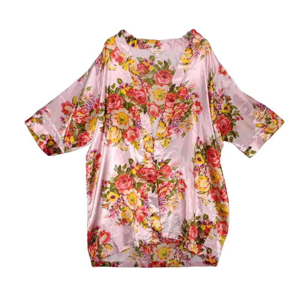 Miss to Mrs Pink Silky Satin Floral Roses Bridal Lounge Kimono Robe OSFM Wrap